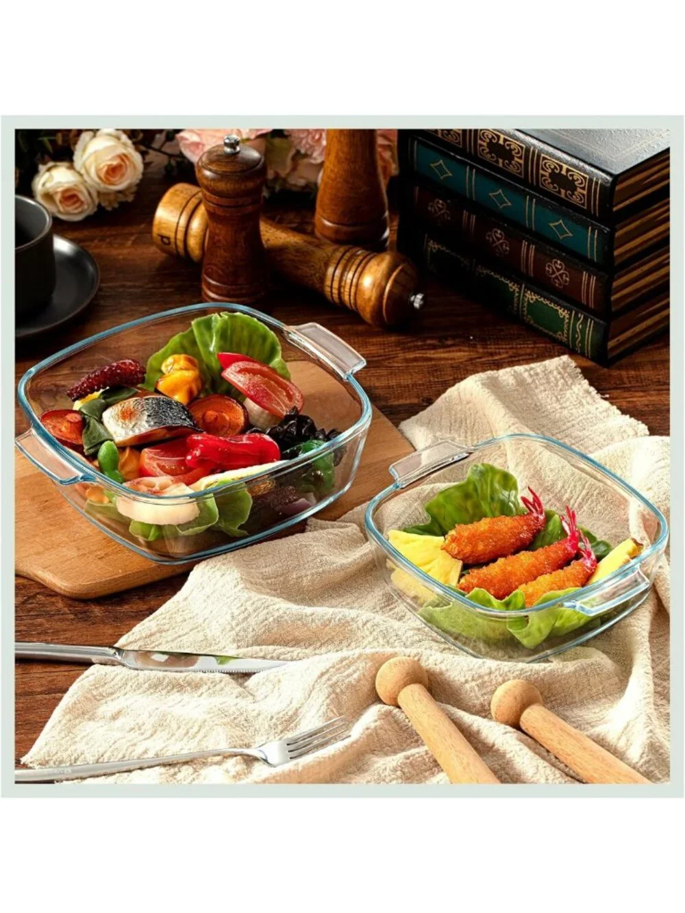 Set of 2 Glass Casserole Dishes with Lids - Square Bakeware, 0.8L & 1.5L